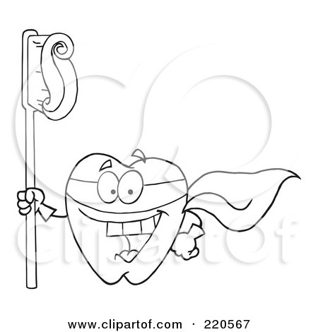 Royalty-Free (RF) Clipart Illustration of an Outlined Tooth Character Super Hero With A Tooth Brush And Paste by Hit Toon