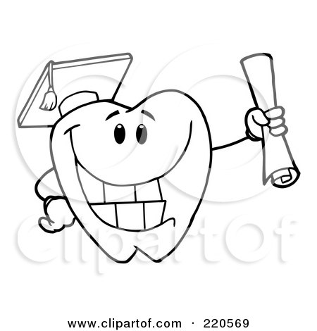 Royalty-Free (RF) Clipart Illustration of a Coloring Page Outline Of A Tooth Character Graduate Holding A Diploma by Hit Toon