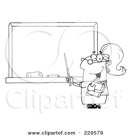 Royalty-Free (RF) Clipart Illustration of an Outlined Middle Aged Female Professor Pointing To A Chalk Board by Hit Toon
