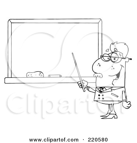 Royalty-Free (RF) Clipart Illustration of an Outlined Senior Male Professor Pointing To A Chalk Board by Hit Toon