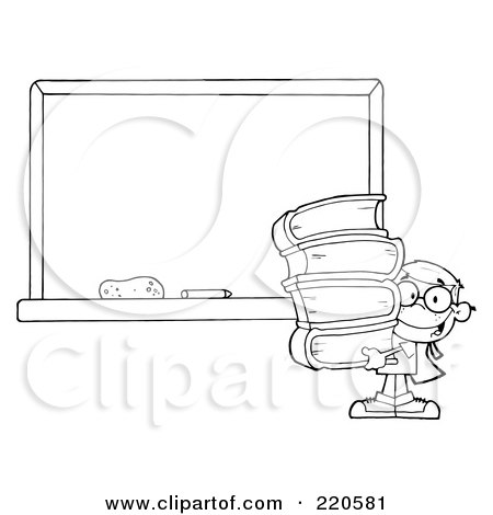 Royalty-Free (RF) Clipart Illustration of an Outlined School Boy Carrying Books By A Blank Chalk Board by Hit Toon