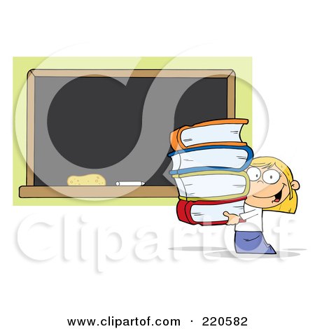 Royalty-Free (RF) Clipart Illustration of a Blond School Girl Carrying Books By A Blank Chalk Board by Hit Toon