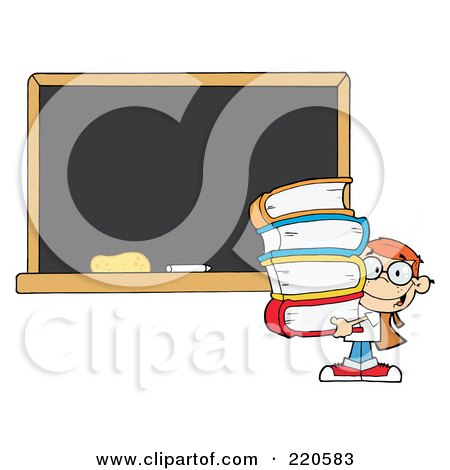 Royalty-Free (RF) Clipart Illustration of a Red Haired School Boy Carrying Books By A Blank Chalk Board by Hit Toon