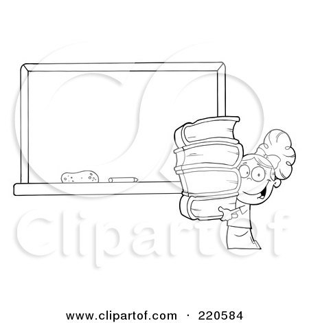 Royalty-Free (RF) Clipart Illustration of an Outlined School Girl Carrying Books By A Blank Chalk Board by Hit Toon