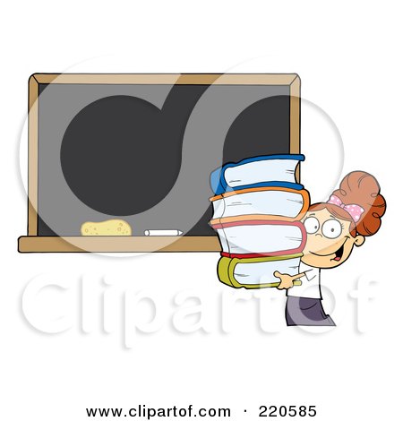 Royalty-Free (RF) Clipart Illustration of a Brunette School Girl Carrying Books By A Blank Chalk Board by Hit Toon