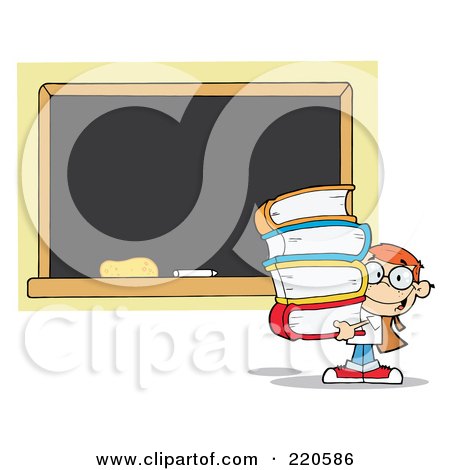 Royalty-Free (RF) Clipart Illustration of a Red Head School Boy Carrying Books By A Blank Chalk Board by Hit Toon
