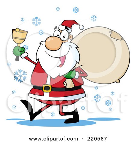 Royalty-Free (RF) Clipart Illustration of a Jolly Santa Holding A Sack Over His Shoulder, Walking In The Snow And Ringing A Bell by Hit Toon