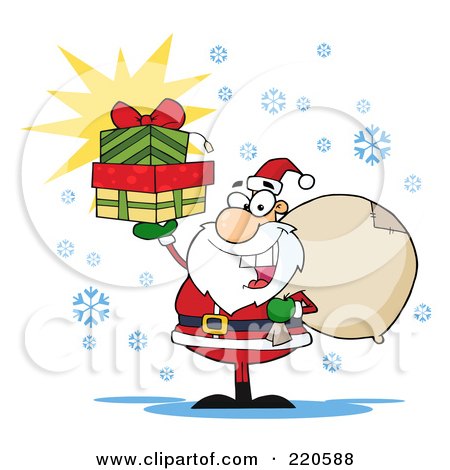Royalty-Free (RF) Clipart Illustration of a Jolly Santa Holding A Sack Over His Shoulder And Presents Up In His Hand by Hit Toon