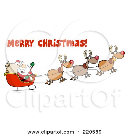 Royalty-Free (RF) Clipart Illustration of a Merry Christmas Greeting Over A Team Of Reindeer And Santa In His Sleigh Flying by Hit Toon
