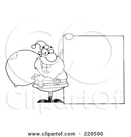 Royalty-Free (RF) Clipart Illustration of an Outlined Jolly Santa Holding A Sack Over His Shoulder And Holding Up A Blank Sign Board by Hit Toon