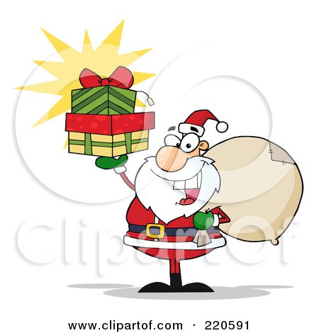Royalty-Free (RF) Clipart Illustration of a Jolly Santa Holding A Bag Over His Shoulder And Gifts Up In His Hand by Hit Toon
