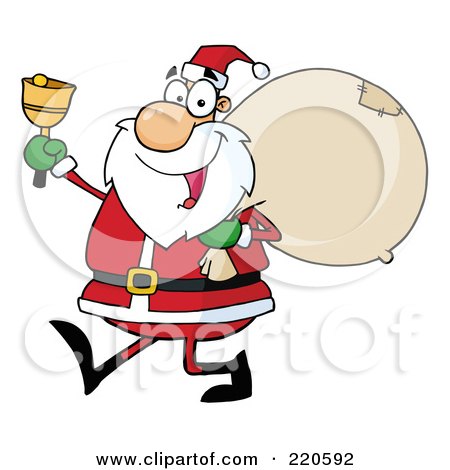 Royalty-Free (RF) Clipart Illustration of a Jolly Santa Holding A Sack Over His Shoulder, Walking And Ringing A Bell by Hit Toon