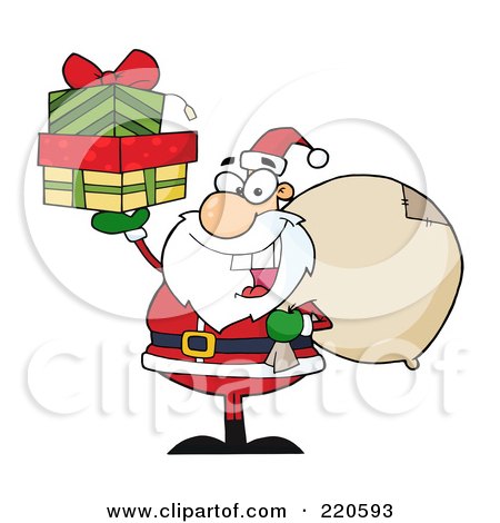 Royalty-Free (RF) Clipart Illustration of a Jolly Santa Holding A Sack Over His Shoulder And Gifts Up In His Hand by Hit Toon