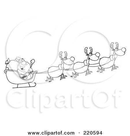 Royalty-Free (RF) Clipart Illustration of an Outlined Team Of Reindeer And Santa In His Sleigh Flying by Hit Toon