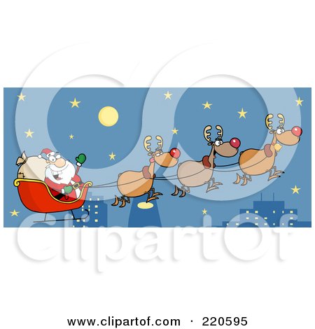 Royalty-Free (RF) Clipart Illustration of a Team Of Reindeer And Santa In His Sleigh Flying Above A City by Hit Toon