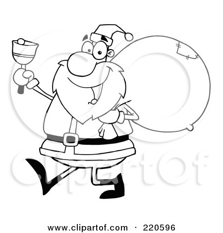 Royalty-Free (RF) Clipart Illustration of an Outlined Jolly Santa Holding A Sack Over His Shoulder, Walking And Ringing A Bell by Hit Toon