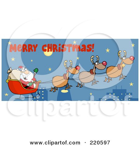 Royalty-Free (RF) Clipart Illustration of a Merry Christmas Greeting Above A Team Of Reindeer And Santa In His Sleigh Flying by Hit Toon