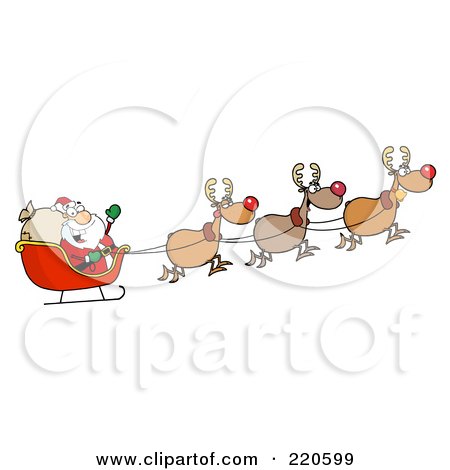 Royalty-Free (RF) Clipart Illustration of a Team Of Reindeer And Santa In His Sleigh Flying by Hit Toon
