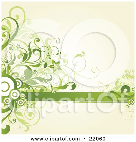 Clipart Illustration Picture of Green Leafy Vines And Flowers With Circles With A Green Text Band by OnFocusMedia