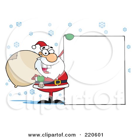 Royalty-Free (RF) Clipart Illustration of a Jolly Santa Holding A Sack Over His Shoulder And Holding Up A Blank Sign In The Snow by Hit Toon