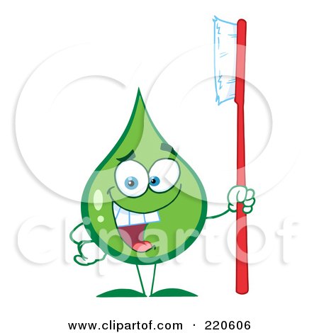 Royalty-Free (RF) Clipart Illustration of a Happy Green Toothpaste Drop Holding A Tooth Brush by Hit Toon