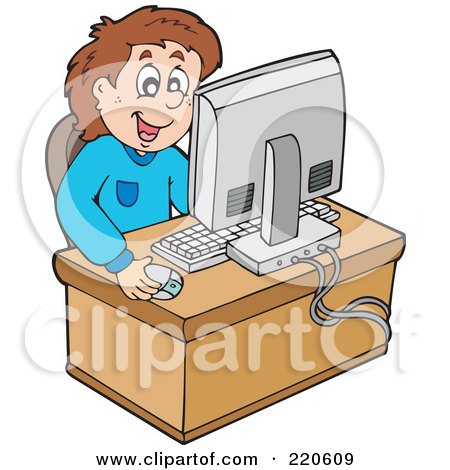 Royalty-Free (RF) Clipart Illustration of a Happy Brunette Boy Using A Desktop Computer To Surf The Web by visekart