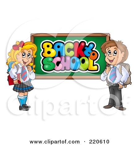 Royalty-Free (RF) Clipart Illustration of a Private School Boy And Girl By A Back To School Chalk Board by visekart