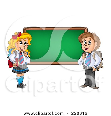 Royalty-Free (RF) Clipart Illustration of a Private School Boy And Girl By A Blank Chalk Board by visekart