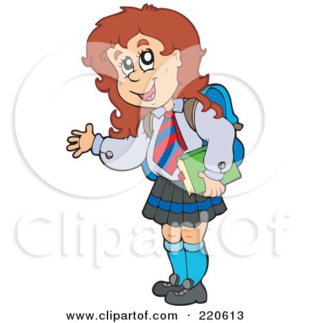 Royalty-Free (RF) Clipart Illustration of a Brunette School Girl Waving And Carrying A Book by visekart