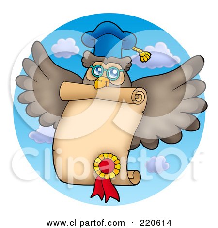 Royalty-Free (RF) Clipart Illustration of a Professor Owl Flying A Blank Scroll In The Sky by visekart