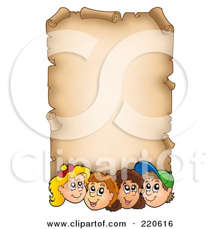 Royalty-Free (RF) Clipart Illustration of an Aged Parchment Page With Curling Edges And School Children by visekart