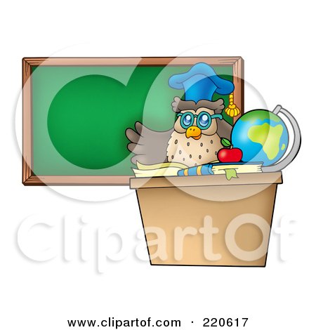 Royalty-Free (RF) Clipart Illustration of a Professor Owl Teaching By A Blank Chalk Board by visekart