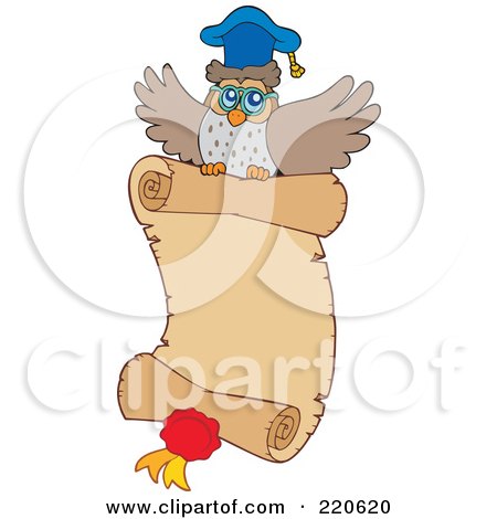 Royalty-Free (RF) Clipart Illustration of a Professor Owl Flying With A Parchment Page And Medal by visekart