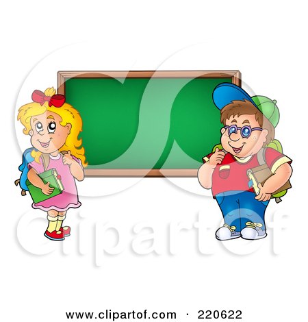 Royalty-Free (RF) Clipart Illustration of a Chubby School Boy And Girl By A Blank Chalk Board by visekart