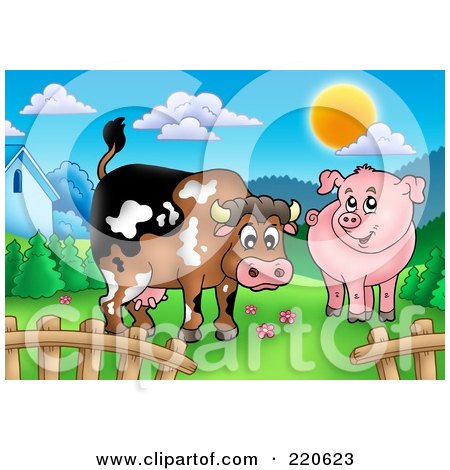 Royalty-Free (RF) Clipart Illustration of a Cute Cow And Pig In A Mountainous Pasture by visekart