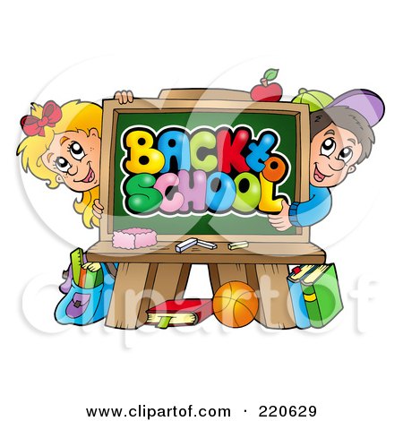 Royalty-Free (RF) Clipart Illustration of a School Boy And Girl Looking Around A Back To School Chalk Board by visekart