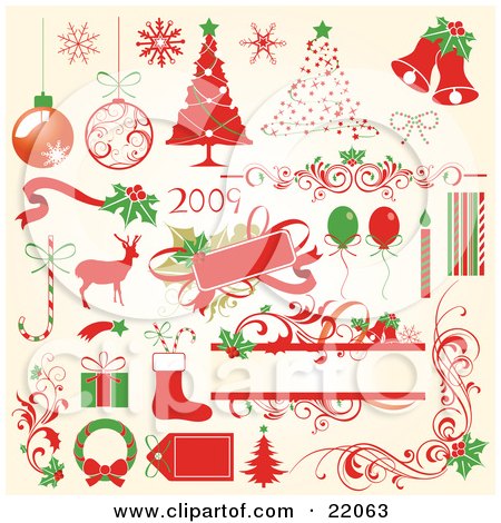 Clipart Illustration Picture of a Collection Of Red And Green Christmas Icons Of Ornaments, Snowflakes, Decorated Trees, Bells, Bows, Flourishes, Holly, Candycanes, Reindeer, Tags, Balloons, Candles, Gifts, Stockings And Wreaths by OnFocusMedia