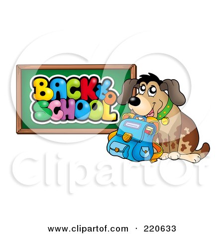 Royalty-Free (RF) Clipart Illustration of a Happy Dog With A Backpack, By A Back To School Chalk Board by visekart