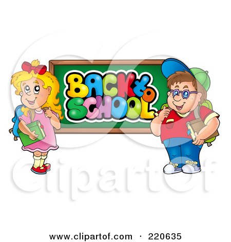 Royalty-Free (RF) Clipart Illustration of a Chubby School Boy And Girl By A Back To School Chalk Board by visekart