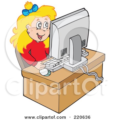 Royalty-Free (RF) Clipart Illustration of a Happy Blond Girl Using A Desktop Computer To Surf The Web by visekart