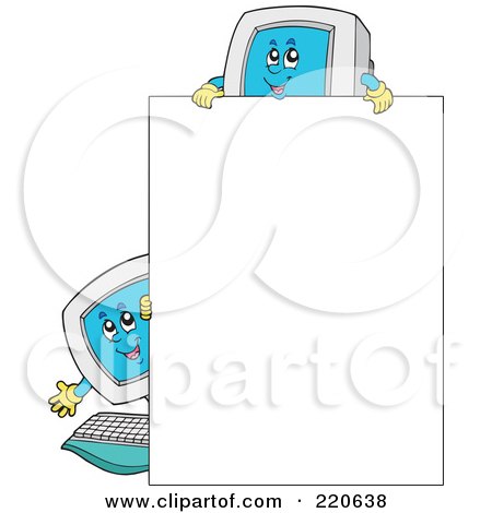 Royalty-Free (RF) Clipart Illustration of Two Computer Characters Looking Over And Around A Blank Sign by visekart