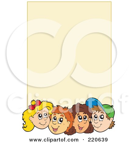 Royalty-Free (RF) Clipart Illustration of a Row Of School Boy And School Girl Faces Over Beige Paper by visekart