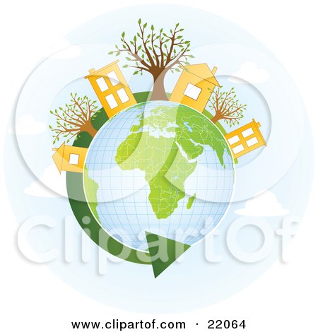 Clipart Illustration Picture of Yellow Homes And Buildings With Trees On Top Of A Globe With Green Continents, A Green Renewable Energy Arrow Circling The Planet by OnFocusMedia