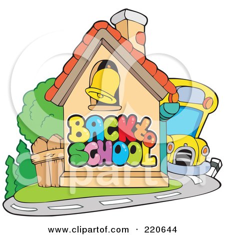 Royalty-Free (RF) Clipart Illustration of a Yellow School Bus Beside A Back To School House With A Bell by visekart