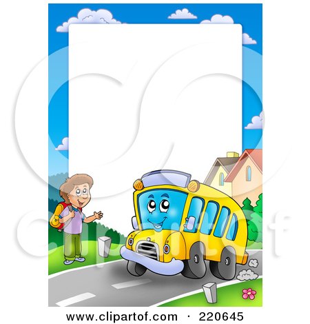 Royalty-Free (RF) Clipart Illustration of a Frame Of A Happy School Bus Stopping To Pick Up A Boy Around White Space by visekart