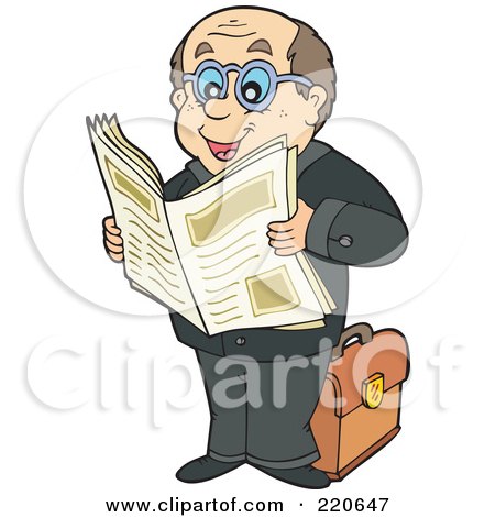 Royalty-Free (RF) Clipart Illustration of a Caucasian Businessman Standing And Reading A Newspaper by visekart