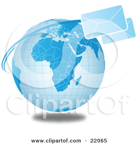 Clipart Illustration Picture of Two Fast Envelopes Speeding Around The Blue Globe, Symbolizing Internet Communications Or Shipping by OnFocusMedia