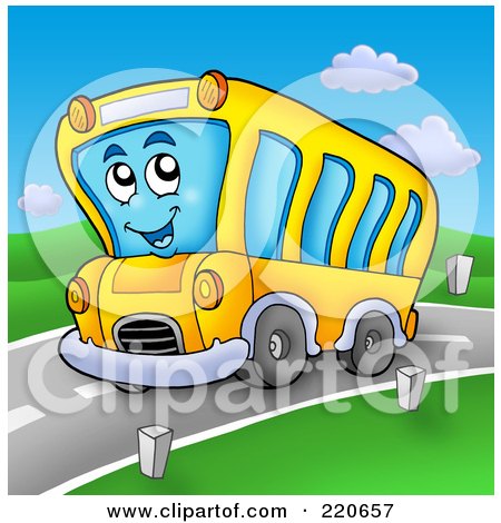 Royalty-Free (RF) Clipart Illustration of a Happy School Bus Driving On A Roadway by visekart