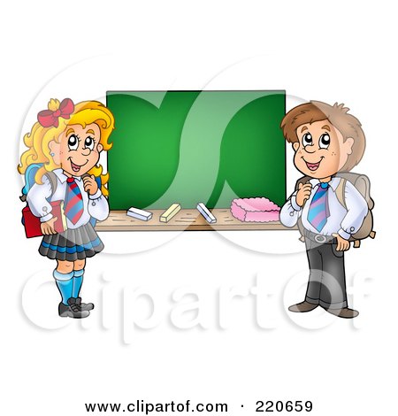 Royalty-Free (RF) Clipart Illustration of a Private School Boy And Girl By A Blank Chalkboard by visekart