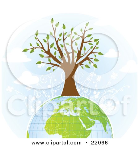 Clipart Illustration Picture of a Strong And Healthy Tree With White Flowers Growing On Top Of The Earth by OnFocusMedia